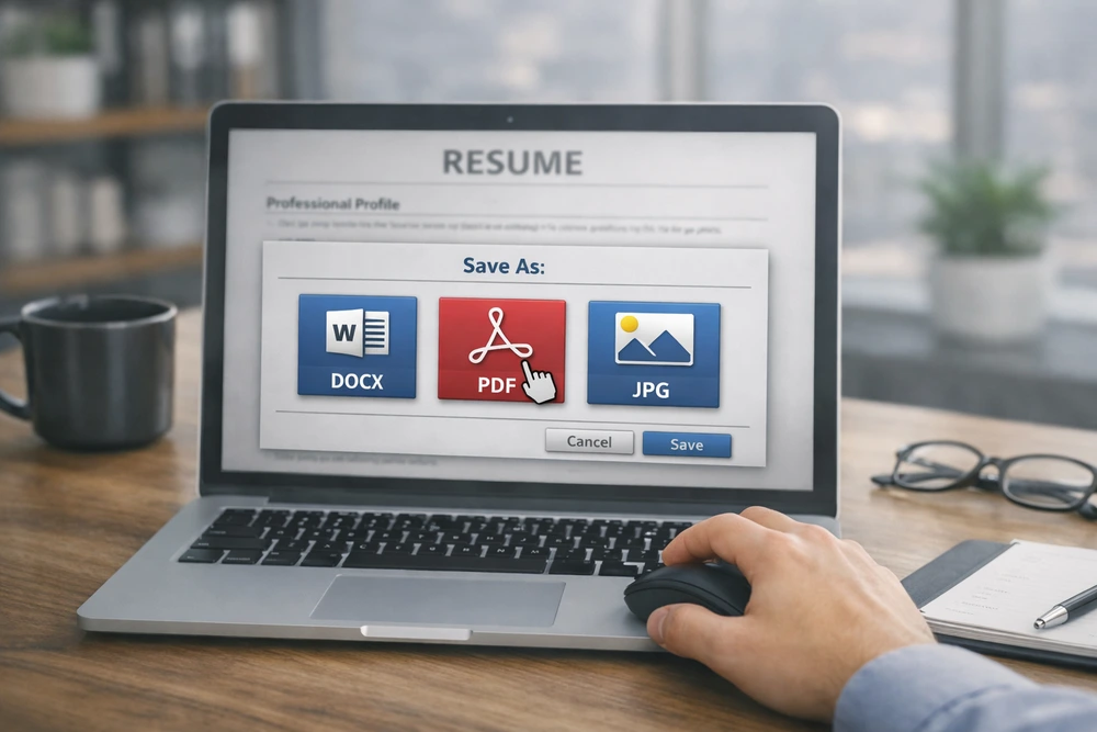 Laptop Showing A โSaveโฏAsโ Dialog Box, With Options To Save As Docx, Pdf, Or Jpg. For Saving An AtsโFriendly Resume Format,
